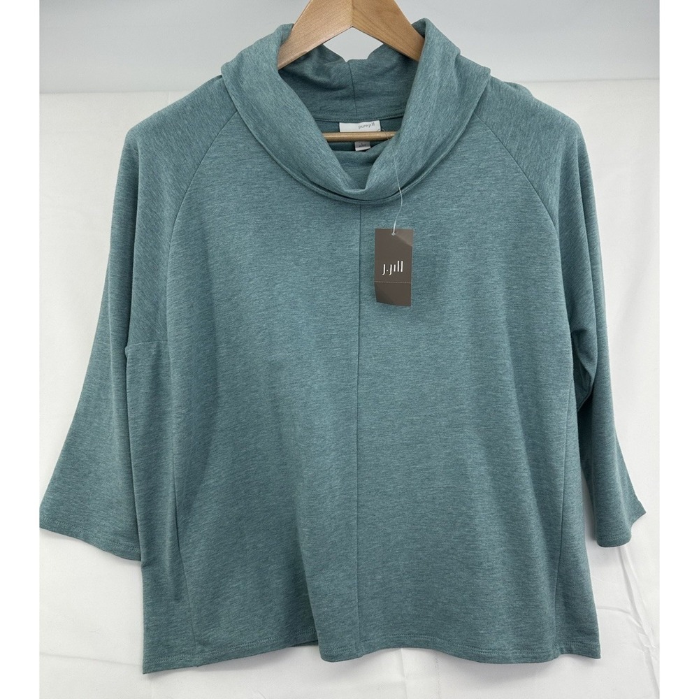 New J Jill Shirt Size XS Teal‎ Green Cowl Turtle Neck Stretch Pima Cotton Knit